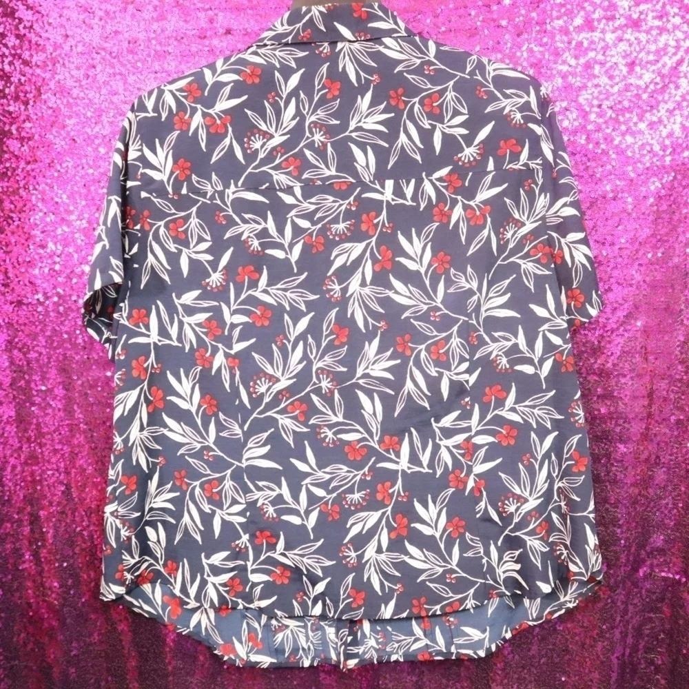 Navy Floral Blouse 16W Alfred Dunner Women Pleated Front Short Sleeve Top - Picture 9 of 11